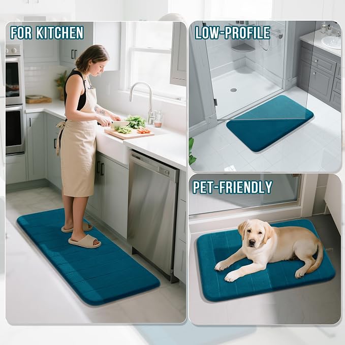 Yimobra U-Shaped Toilet Bath Mat Set 2 Piece - Soft Absorbent Quick Dry Memory Foam Bathroom Rugs, Machine Washable Non Slip Floor Carpet for Tub Shower & Single Sink (17x24 & 24x20, Peacock Blue)