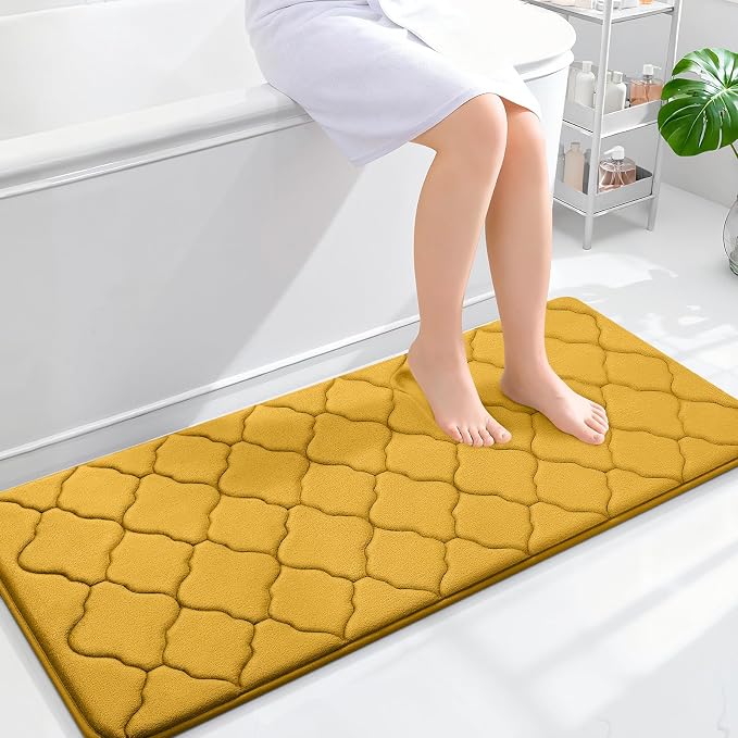 OLANLY Memory Foam Bath Mat Rug 47x20, Ultra Soft Bathroom Rugs, Yellow | Thick Absorbent Carpet, Non-Slip Backing, Machine Washable, for Bathroom Floor, Tub, Shower and Home Decor Accessories
