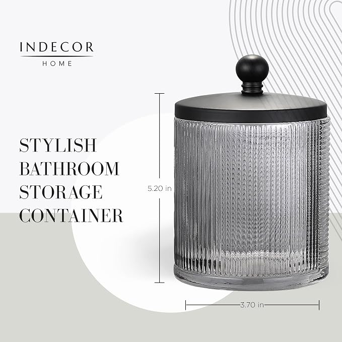 Gray Colored Tranlucent Apothecary Ribbed Geo Etched Glass Jar W/Matte Black Metal Lid Cover for Bathroom Organization, Cotton Balls, Q Tips, and Small Accessories, Bathroom Storage