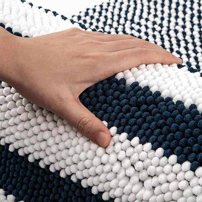 Bathroom Rugs, 20x32 Chenille Bath Mats, Navy Blue | Extra Soft Absorbent, Non Slip Striped, Quick Dry Machine Washable, Modern, Shower Rug for Bathroom Bedroom Decor