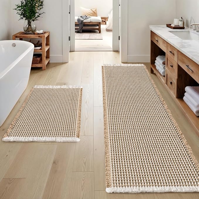 MIULEE Set of 2 Waffle Bathroom Rugs Brown&White Bath Mat 17"x24"+17"x48" | Non Slip, Super Absorbent, Washable, Ultra Soft, Rubber Backed, Small Boho Bath Rug and Bathroom Runner for Floor Tub Shower