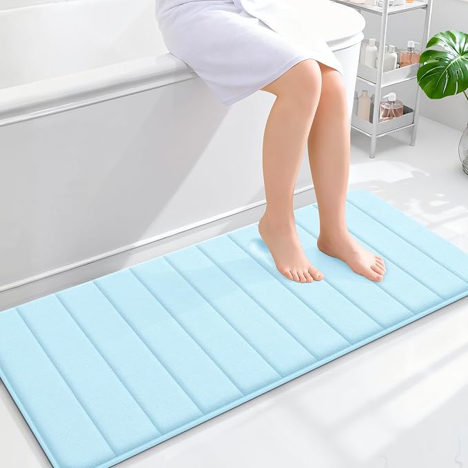 OLANLY Memory Foam Long Bathroom Rugs Runner 47x20, Super Soft Absorbent | Sky Blue, Quick Dry Bath Mat, Machine Washable Shower Floor Rugs, Bathmat Carpet for Bathroom Floor, Tub and Shower