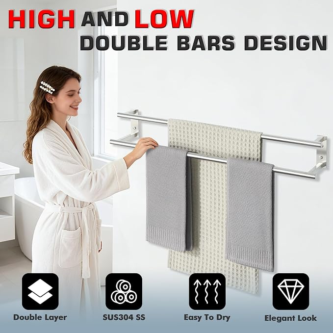 Alise 32 inch Double Towel Bar for Bathroom Wall Mounted, Brushed Nickel | SUS304 Stainless Steel, Bathroom Towel Holder Towel Hanger, Towel Racks for Bathroom, Labatory, Tower Drying Rack Towel Rail