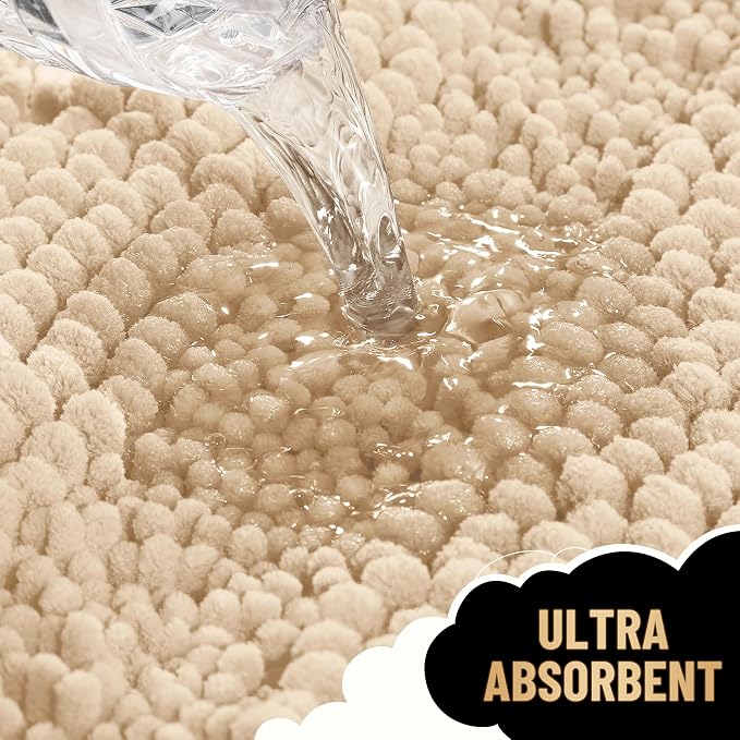 OLANLY Thick Chenille Bathroom Rugs Sets 3 Piece, 47"x20"+24"x16"+24"x20" | Beige, Absorbent Bath Mats and U-Shaped Contour Toilet Rug, Home Decor Accessories, Bath Mat Set for Bathroom