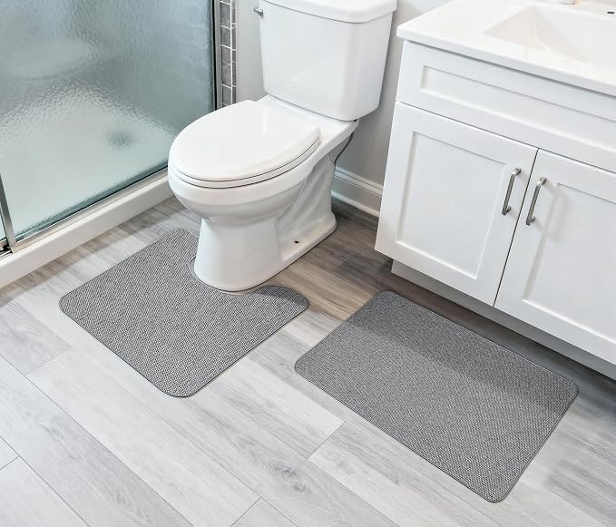 Bosap Bath Mat Set 2 Pieces,Ultra Thin Bathroom Rugs,Rubber Toilet Rugs | Non Slip,Quick Dry,Machine Washable,Low Pile,Absorbent,Shower,Sink,Bathroom Decor.(Grey,17"x27" Plus 20"x24"U Shaped)