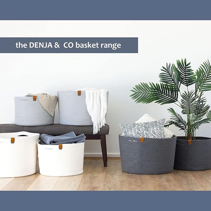 DENJA & CO Large Dog Toy Storage - White Woven Basket for Toys, Blankets, Pillows, or Laundry | Cotton Rope Basket (17.7" W x 11.4" T)