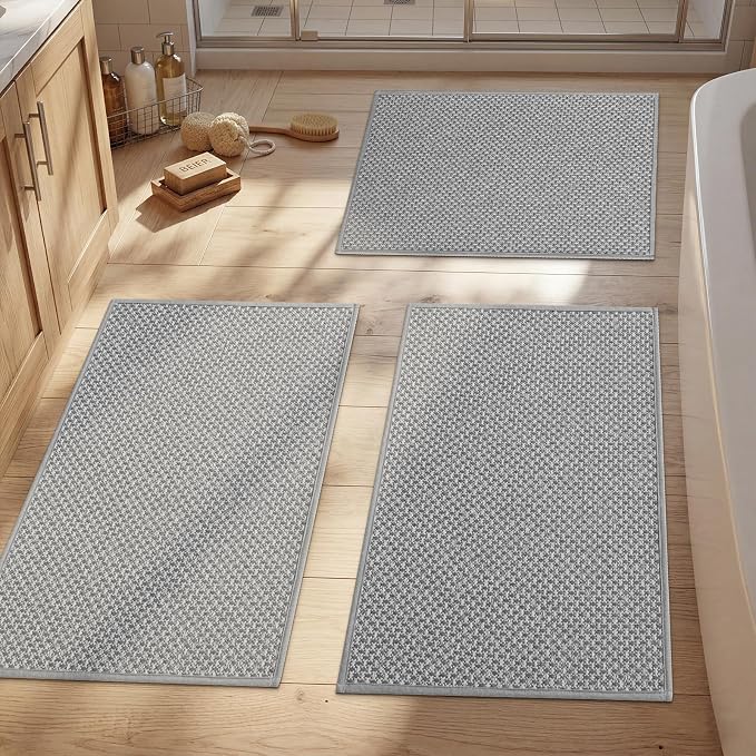 YIHOUSE Thin Bath Mat Light Grey Bathroom Rugs Sets 3 Pieces, Non Slip Absorbent Bath Mats Quick Dry, Woven Braided Rugs Washable, Tapetes para Baño for Bathroom,Bathtub(17"x24"+17"x32"+17"x32")