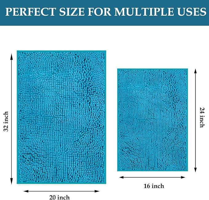 Teal Blue Bathroom Rugs Set 2 Piece Bath Rugs Washable Bath Mats for Bathrooms, Thick Soft Chenille Bathtub Mat, Ultra Absorbent Bath Carpet, Shaggy Floor Mat