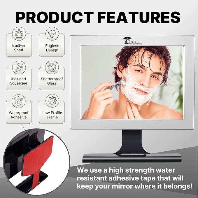 ToiletTree Products Fogless Shower Mirror with Squeegee - Anti-Fog Mirror - Adjustable Shaving Mirror with a Squeegee - Rust-Proof, Impact-Resistance Bathroom Shower Mirror (Pack of 2)