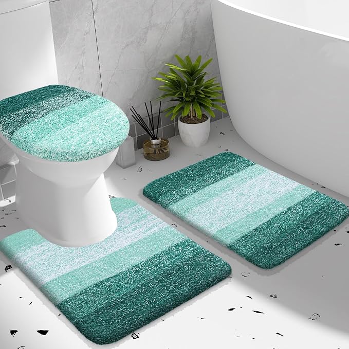 OLANLY Bathroom Rugs Sets 3 piece, Soft Microfiber Absorbent Bath Mat, U-Shaped Contour Toilet Mat and Toilet Lid Cover, Quick Dry, Machine Washable, Toilet Cover and Rug Set, Blackish Green