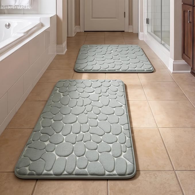 YIHOUSE Bathroom Rugs Mat Set, Memory Foam Bath Mat 2 Piece Gray | 17x24&20x32, Non Slip, Water Absorbent, Washable, Bath Mat For Bathroom, Sink and Toilet