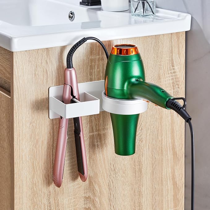Hair Dryer Holder Wall Mounted, Hair Straightener Holder, Blow Dryer Holder Adhesive, Hair Tool Organizer for Flat Iron, Hairdryer, Curling Iron Holder for Bathroom Vanity Barber Shop (White)