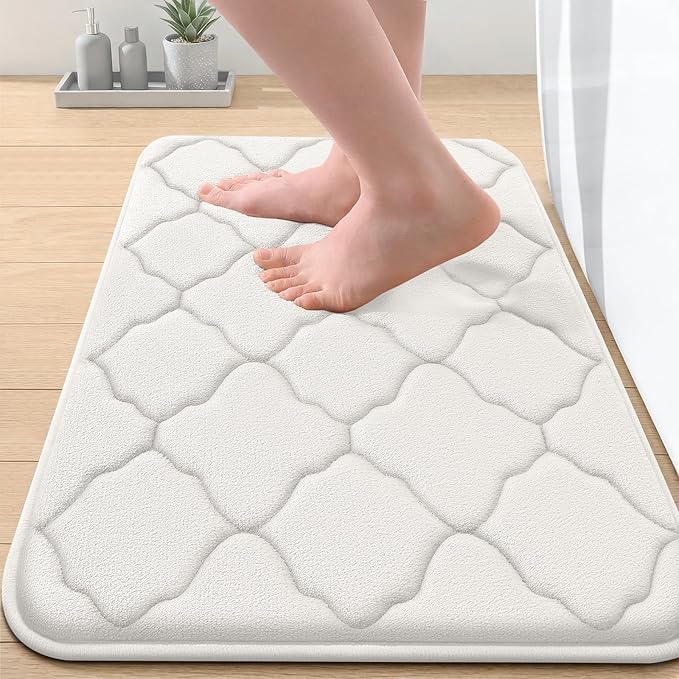OLANLY Memory Foam Bath Mat Rug 24x16, Ultra Soft Bathroom Rugs, Cream | Thick Absorbent Carpet, Non-Slip Backing, Machine Washable, for Bathroom Floor, Tub, Shower and Home Decor Accessories