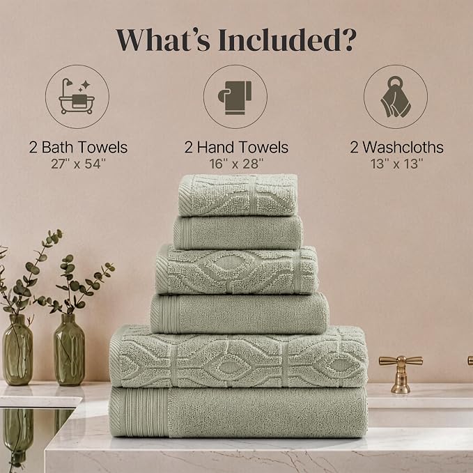 Modern Threads 6 Piece Cotton Bath Towel Set – Ultra Soft 550 GSM Towels – Bathroom Set with Hand Towels and Washcloths – Geometric (Soft Olive)