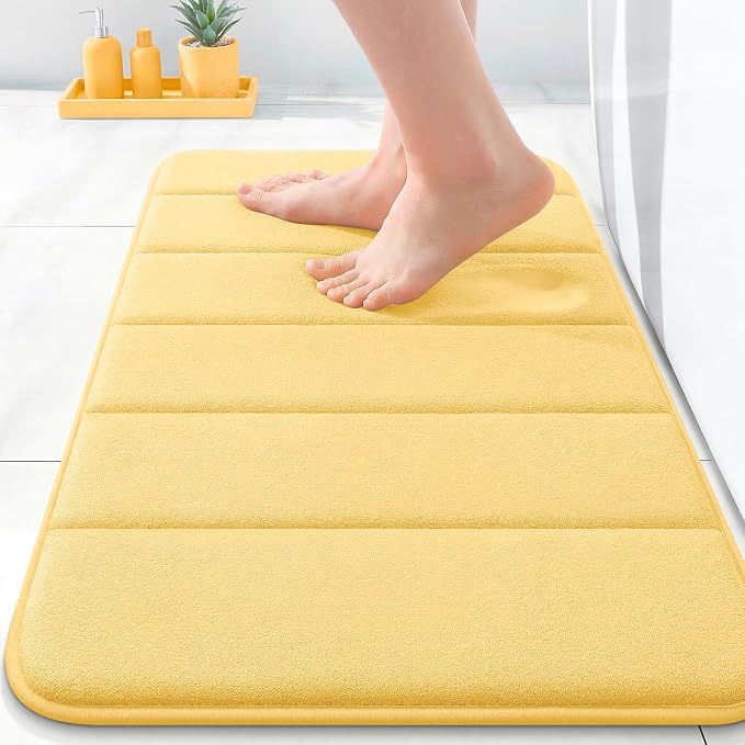 OLANLY Memory Foam Bath Mat 35x16, Super Soft and Absorbent Bathroom Rugs | Yellow, Quick Dry Bath Rug, Machine Washable Shower Floor Mats, Bathmat Carpet for Bathroom Floor, Tub and Shower