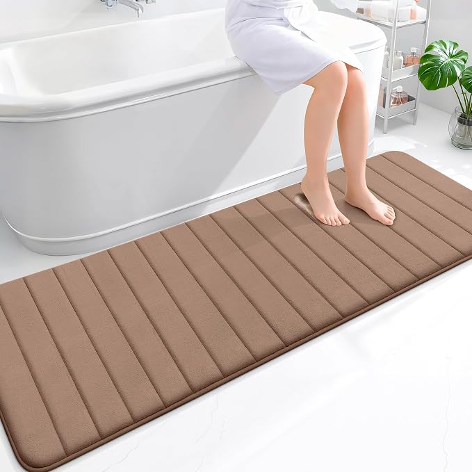OLANLY Memory Foam Long Bathroom Rugs Runner 70x24, Super Soft Absorbent | Mocha, Quick Dry Bath Mat, Machine Washable Shower Floor Rugs, Bathmat Carpet for Bathroom Floor, Tub and Shower