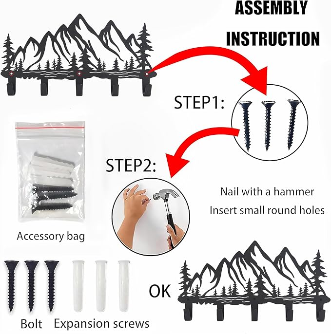 Metal Mountain Coat Hooks Wall Art Decor-Mountain Hangers and Key Holder-Clothes Hat Rack and Backpack Hanger Decor for Storage, Living Room, Hallway, Office (Black)