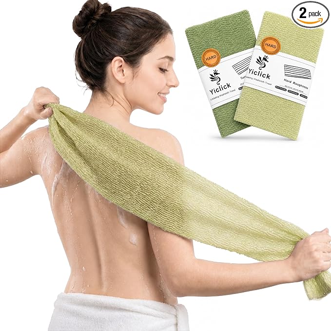 2PCS Exfoliating Washcloth Towel - Exfoliating Body Scrubber Exfoliator, Loofah Sponge Wash Cloth, Korean & Japanse & African Net Sponge Rag - Back Scrubber Washer (Olive Green+Grass Green)