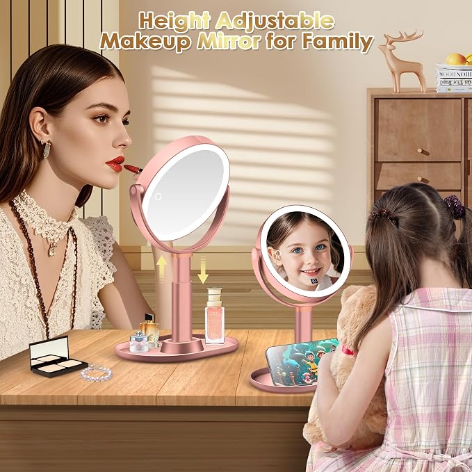 MIYADIVA Travel Makeup Mirror with Lights, Height Adjustable 30X/1X Double-Sided Magnifying Mirror, Portable Vanity Mirror with Digital Display & Phone Holder, Handheld Tabletop, Soft Rose Gold