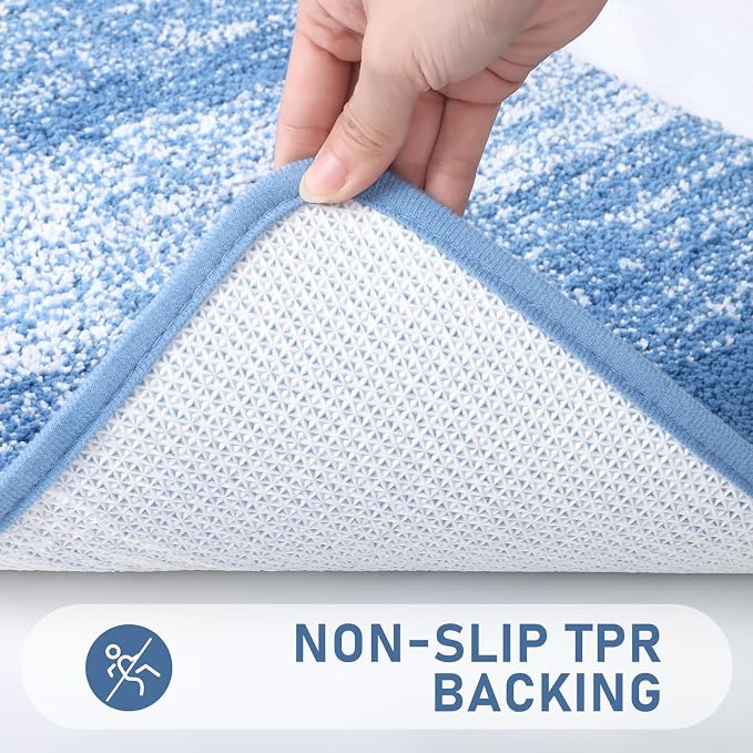 Bsmathom Bathroom Rug Set 4 Piece, Plush Microfiber Bath Mat, Blue | Extra Water Absorbent, Non Slip Washable Runner Bath Rugs with Toilet Lid Cover and U-shaped Contour Toilet Mat