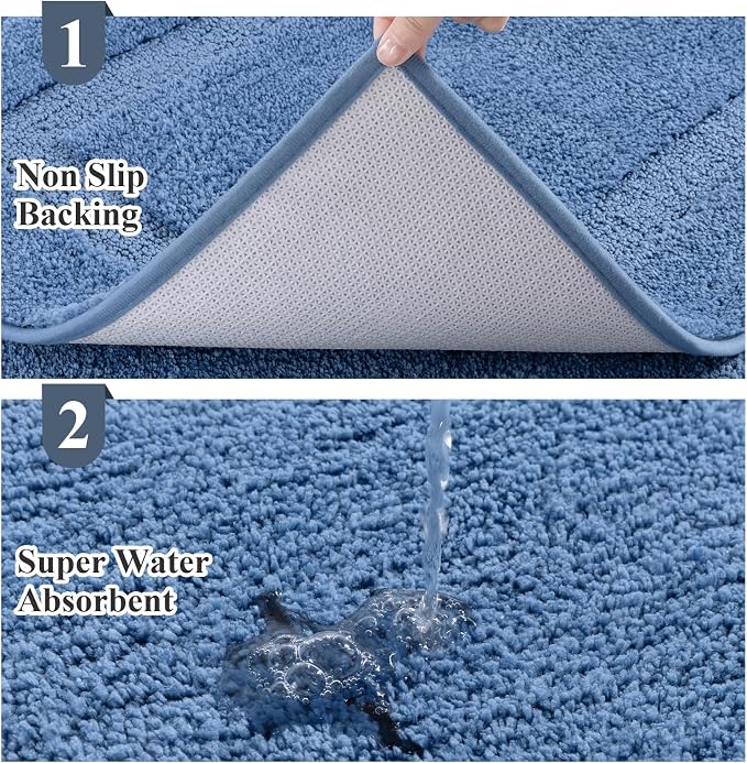 SHACOS Soft Microfiber Bathroom Rugs Set of 2 Pieces, Blue | 47x20 + 32x20, Absorbent Plush Bath Rugs, Non Slip Washable Shaggy Bath Mats, Fluffy Bathroom Runner Floor Mats Shower Rug