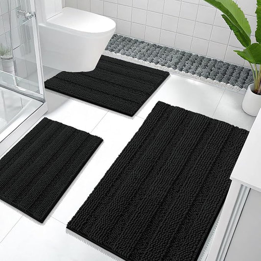 OLANLY Thick Chenille Bathroom Rugs Sets 3 Piece, 36"x24"+24"x16"+24"x20" | Black, Absorbent Bath Mats and U-Shaped Contour Toilet Rug, Home Decor Accessories, Bath Mat Set for Bathroom