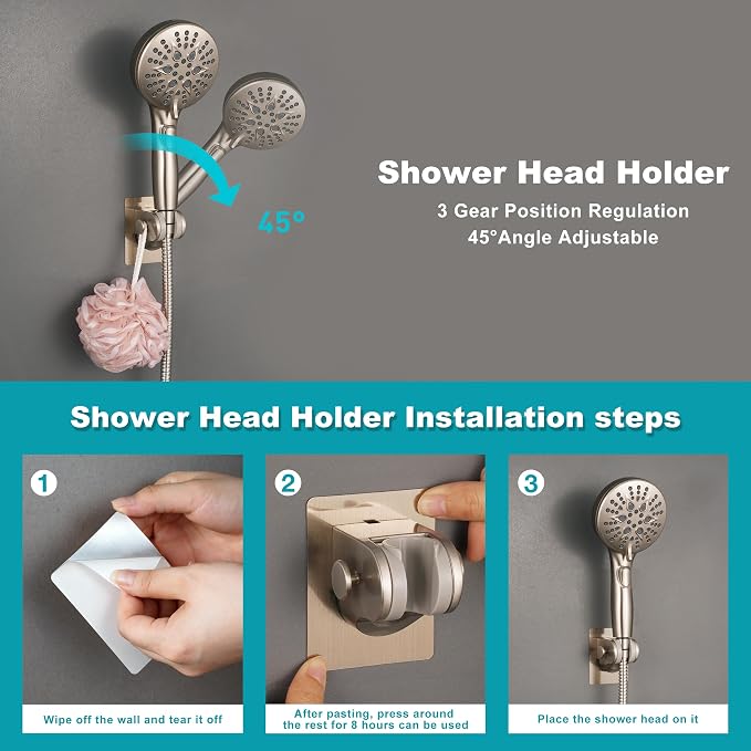 GwernKB Handheld Shower Head Holder with 2 Hanger Hooks,Strong Adhesive&Waterproof No Drilling Wall Mount Shower Bracket for RV and Kids&Elders,Install Any Height&Fix Firmly,Brushed Nickel