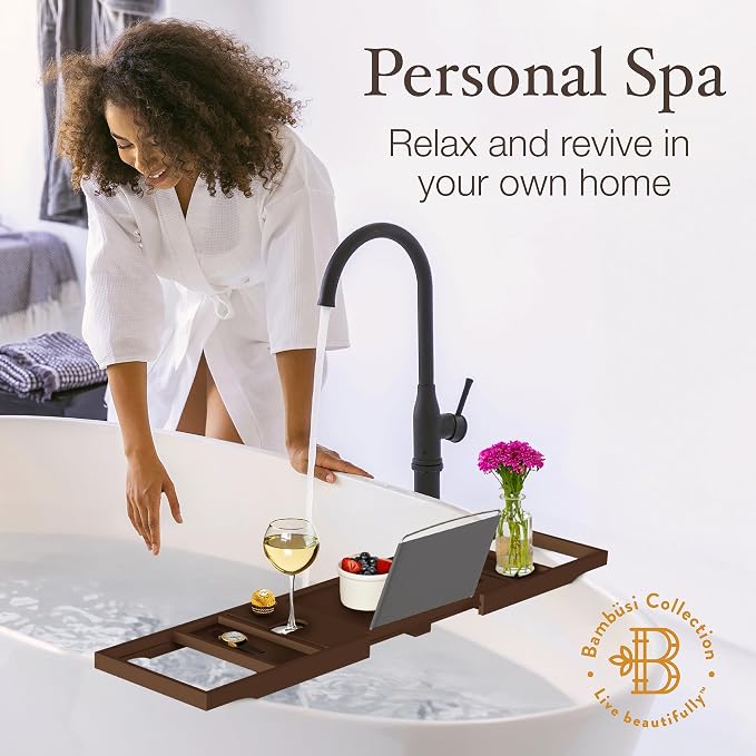 Bambüsi Bathtub Tray for Tub - Brown Bamboo Bath Tray, Expandable Wooden Bath Caddy Tray with Wine Holder, Book and Tablet Stand, Bathroom Accessories, Tub Table, Spa Bath Gifts for Women and Couples