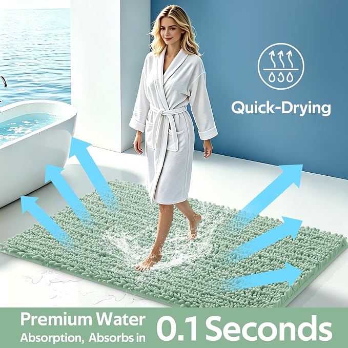 ACCUMTEK Upgrade Luxury 2 Piece Sage Green Toilet Bathroom Rug Mat 60"x20"+32"x20", Ultra Soft Thick Absorbent Bath Mats, Non Slip Chenille Toilet Mat for Bathroom, Bedroom, Kitchen, Shower, Tub