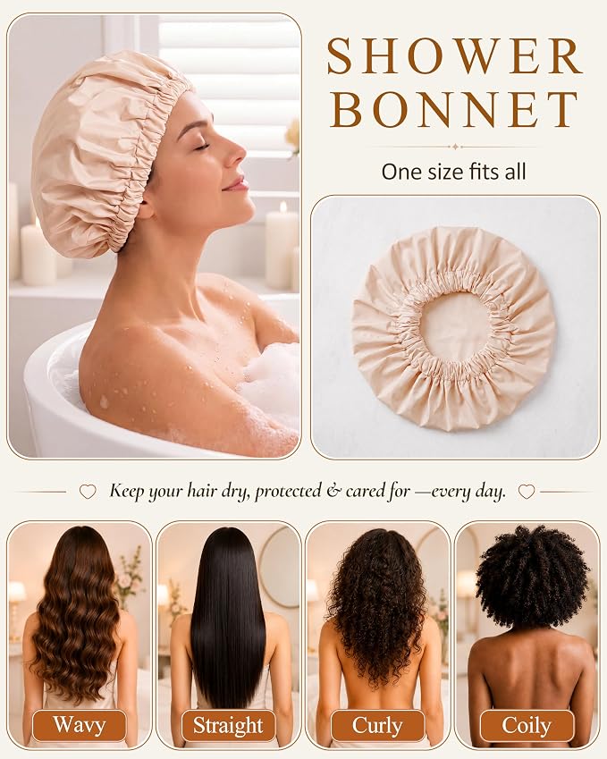 Edoneery Shower Caps for Women Reusable Waterproof, Shower Hair Cap | Washable Bonnet, Wide Elastic Band, Large Fit, Holds Long Hair, Braids Friendly, Bath Accessories, Spa, Travel
