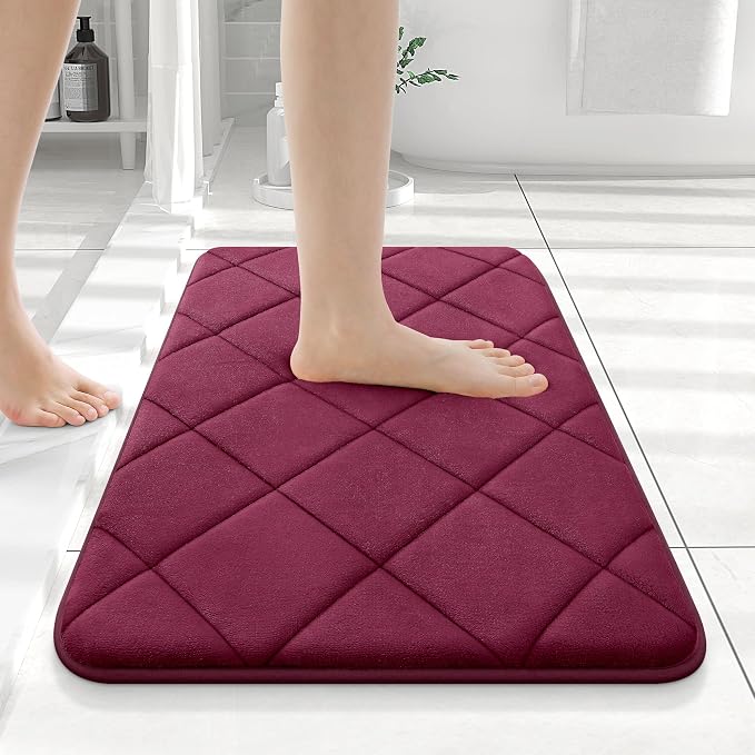 OLANLY Memory Foam Bath Mat 24x16, Ultra Soft and Absorbent Bathroom Rugs | Burgundy, Quick Dry, Machine Washable Shower Bath Rugs, Comfortable Bath Carpet for Bathroom Floor, Tub and Shower