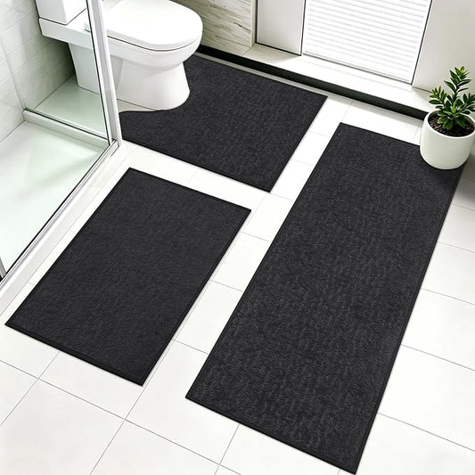Pauwer Bathroom Rugs Sets 3 Piece, Ultra Thin Bath Mat Set, Black | Non Slip Washable, Quick Dry, Super Absorbent, U-shaped Contour Toilet Rug, Low Pile, For Floor Sink Shower Room