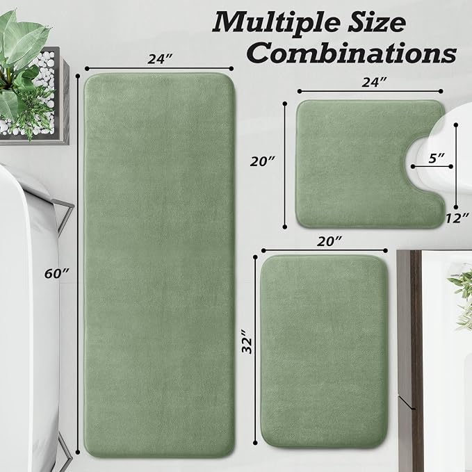Bathroom Rugs Sets 3 Piece, Non-Slip & Quick Dry Bath Mat Set, Ultra Soft Velvet Bath Rugs for Bathroom, Toilet and Shower Floor, Grey Green
