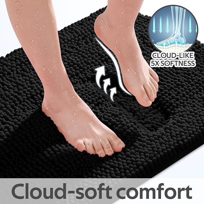 ACCUMTEK Striped Black Bathroom Rug Mat Set 2 piece 32"x20"+60"x20" Ultra Soft, Non Slip Chenille Bath Rugs, Absorbent Plush Shaggy Bath Mats for Bathroom, Bedroom, Kitchen, Shower, Tub