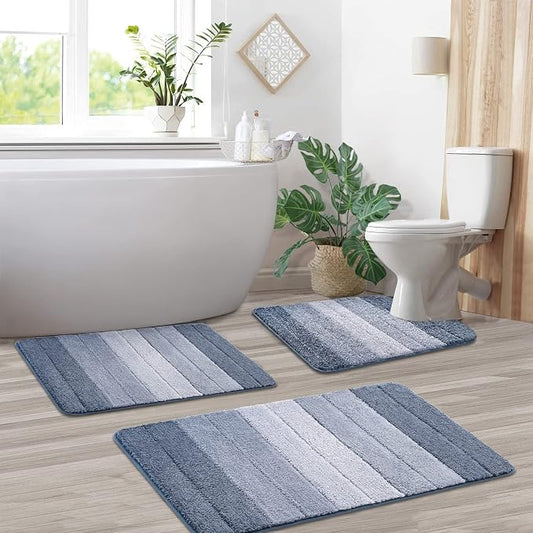 3 Pcs Ombre Bath Mat Set for Bathroom, Non Slip Ultra Soft and Thick Water Absorbent Bath Carpet, Machine Washable & Quick Dry Bathroom Rug, for Bedroom Door Living Room,Blue