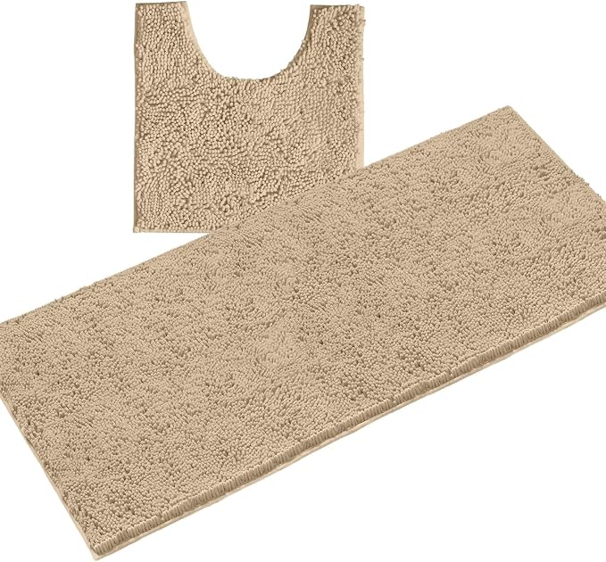 LuxUrux 2-Piece Bathroom Rug Set – Plush Chenille Runner & U-Shaped Toilet Mat, Soft, Absorbent & Non-Slip Design (20x20 U & 27x47 inches, Birch)