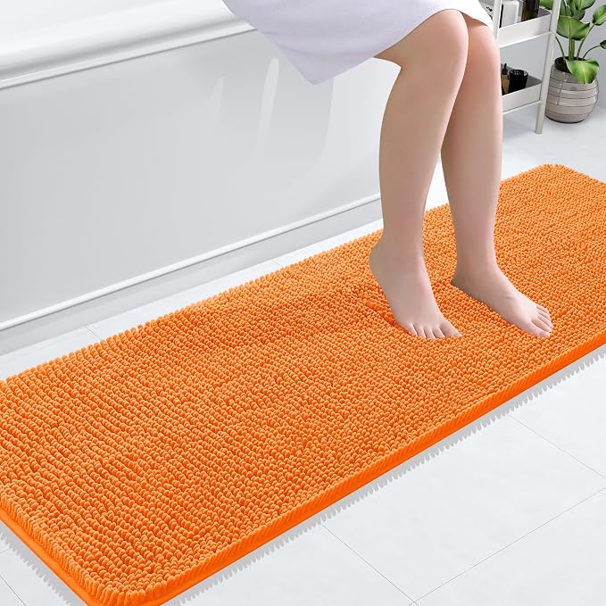 OLANLY Bathroom Runner Rugs 59x20, Extra Soft Absorbent Chenille Bath Rugs | Orange, Quick-Drying Rubber Backing, Washable Long Bath Mat for Bathroom Floor, Tub and Shower, Home Decor Accessories