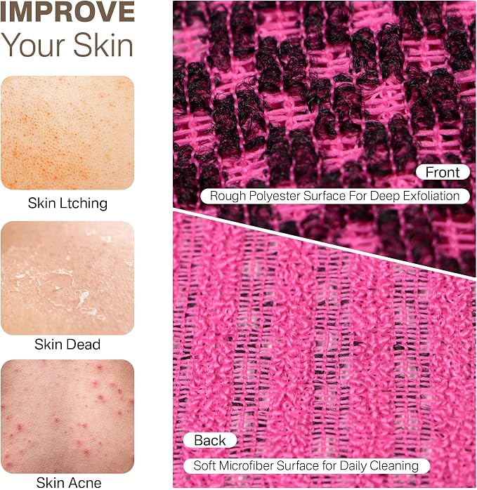 Dual-Textured Exfoliating Washcloth Towel - Back Scrubber for Use in Shower Bath, Exfoliating Body Scrubber Exfoliator, Japanese Exfoliate Loofah Lufa Sponge Wash Cloth for Women Men