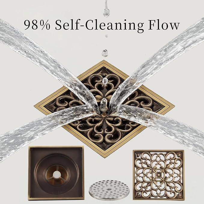 AUNMAS 4 Inch Brass Bathroom Floor Drain with Removable Cover, Art Carved Flower Pattern Shower Sink Drain Strainer for Hotel Home (1#)