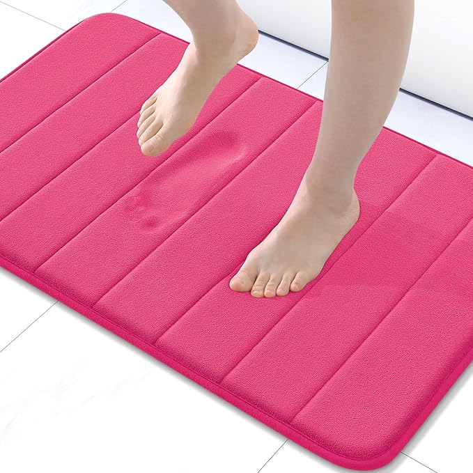 Buganda Memory Foam Bath Mat 24 x 16, Ultra Soft Absorbent Bathroom Rugs | Deep Pink, Machine Washable Quick Dry Bath Mats for Bathroom Floor, Shower and Tub, Home Decor Accessories