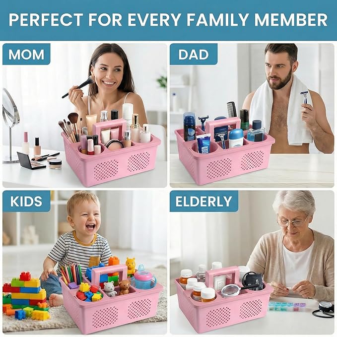 KMV Dorm Room Portable Shower Caddy with Adjustable Compartments - Ventilated Drainage Design with Handles, Perfect Toiletries Organizer for College Dorms-pink