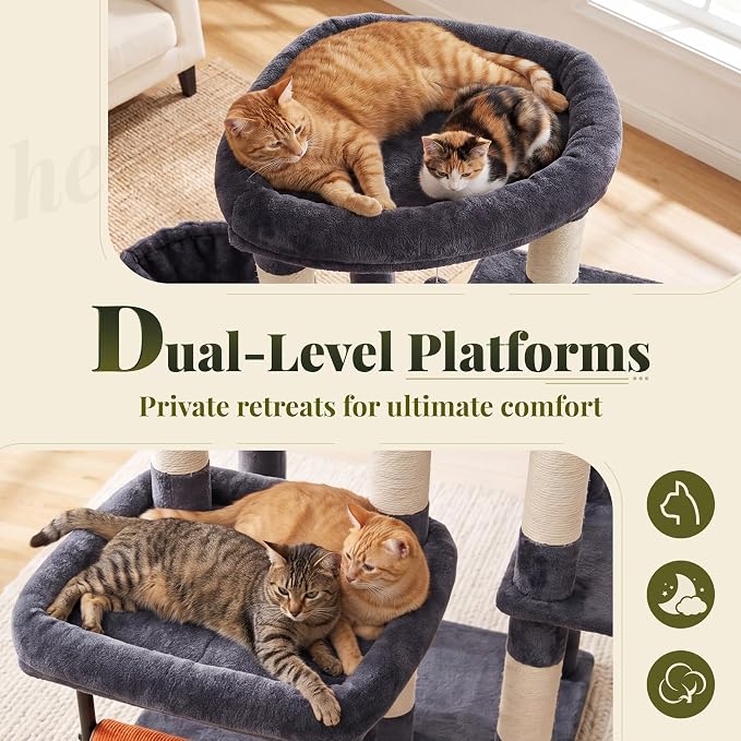 Hey-brother Cat Tree Tower with Stable L-Shaped Widen Base, Condo, MPJ086G | 68.5 Inches Multi-Level Furniture with 2 Platforms, 11 Scratching Posts, Hammock and Toys Ball for Indoor Cats, Smoky Gray