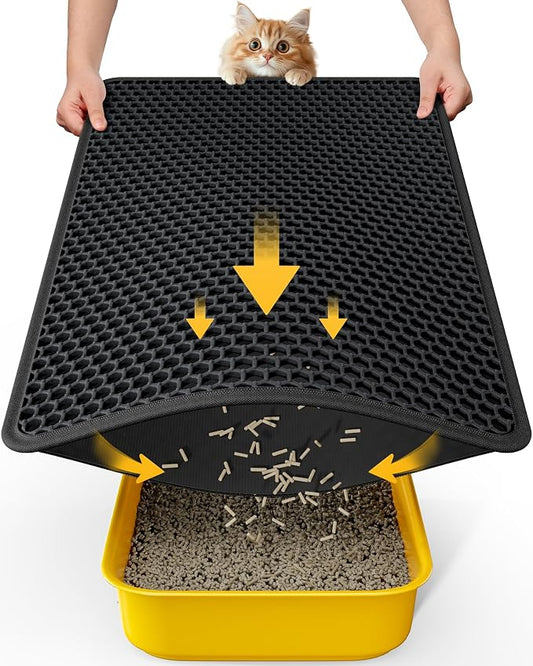 Powools Cat Litter Mat, 30 x 24 in, Waterproof, Non-Slip, Black | Litter Trapping Mat, Easy to Clean, Litter Box Mat, Urine-Proof, Cat Toilet Training Systems Accessories, Indoor Cats