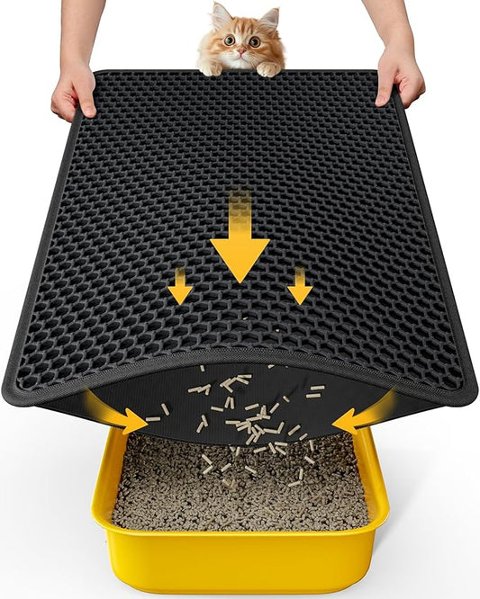 Powools Cat Litter Mat, 23.2 x 14.6 in, Waterproof, Non-Slip, Black | Litter Trapping Mat, Easy to Clean, Litter Box Mat, Urine-Proof, Cat Toilet Training Systems Accessories, Indoor Cats