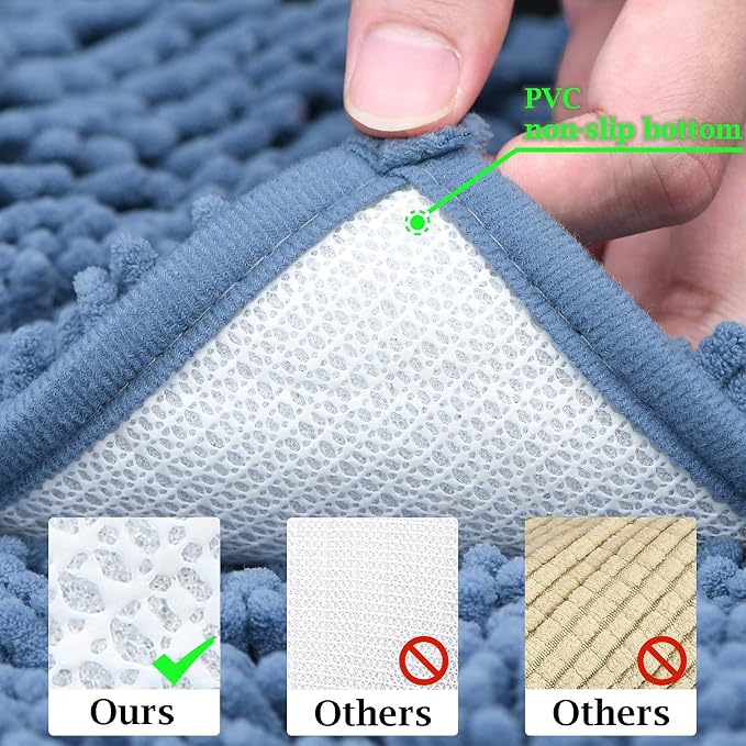 RUN HELIX Bathroom Rug Set 2 Pieces Non-Slip, Chenille Toilet Rugs, Absorbent Plush Shaggy Bath Mat Set for Bathroom, Bedroom, Kitchen, Deep Blue, 20"x32" & 16"x24"