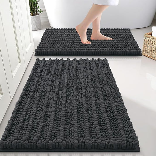 Smiry Bathroom Rugs Sets 2 Piece (30x20+24x16), Extra Soft Bath Mats | Dark Grey Soft Absorbent, Rubber Backing Machine Washable Quick Dry Chenille Bath Rug Set for Tub, Shower, and Floor