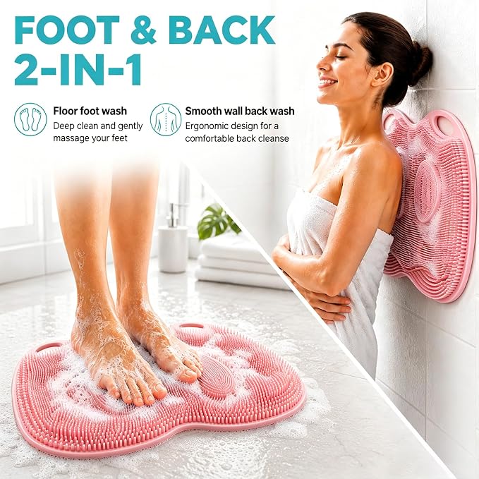 XL Silicone Shower Foot Scrubber Mat with Suction Cups, Foot Washer for Shower, Foot and Back Scrubber for Smooth Shower Wall or Floor, Pink, 17.3 x 12.9 in