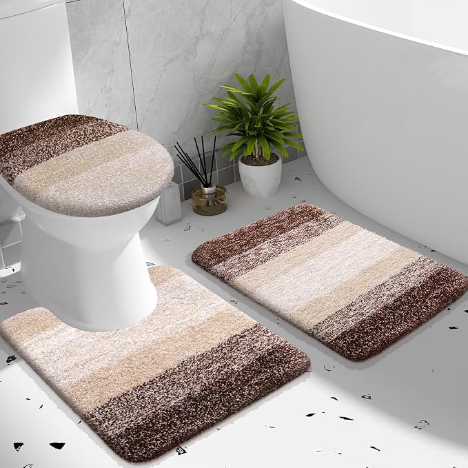 OLANLY Bathroom Rugs Sets 3 piece, Soft Microfiber Absorbent Bath Mat, U-Shaped Contour Toilet Mat and Toilet Lid Cover, Quick Dry, Machine Washable, Toilet Cover and Rug Set for Bathroom, Brown