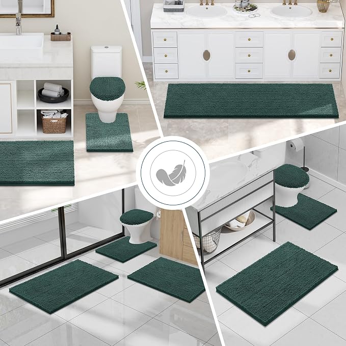 Smiry Chenille Bathroom Rugs Sets 2 Piece (30x20+ U Shape 24x20, Green) | Soft Absorbent Machine Washable Non Slip Shaggy Bath Rug Set for Tub, Shower, and Floor, Home Decor