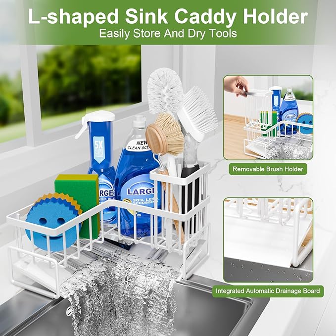 Fikoksol Large Sponge Holder for Kitchen Sink, 90-Degree Sink Caddy Organizer with Dish Brush Holder for Countertop Corner Storage Rack, White Metal L Kitchen Sink Sponge Soap Organizer Storage Ideas
